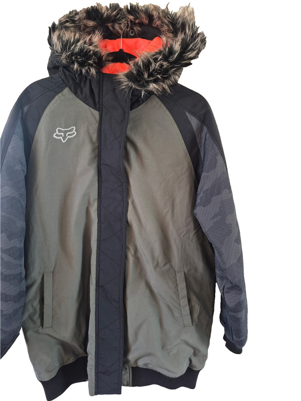 Fox Racing Jacket Large Olive Green Faux Fur Hood Camo Quilted Neon Lining Moto